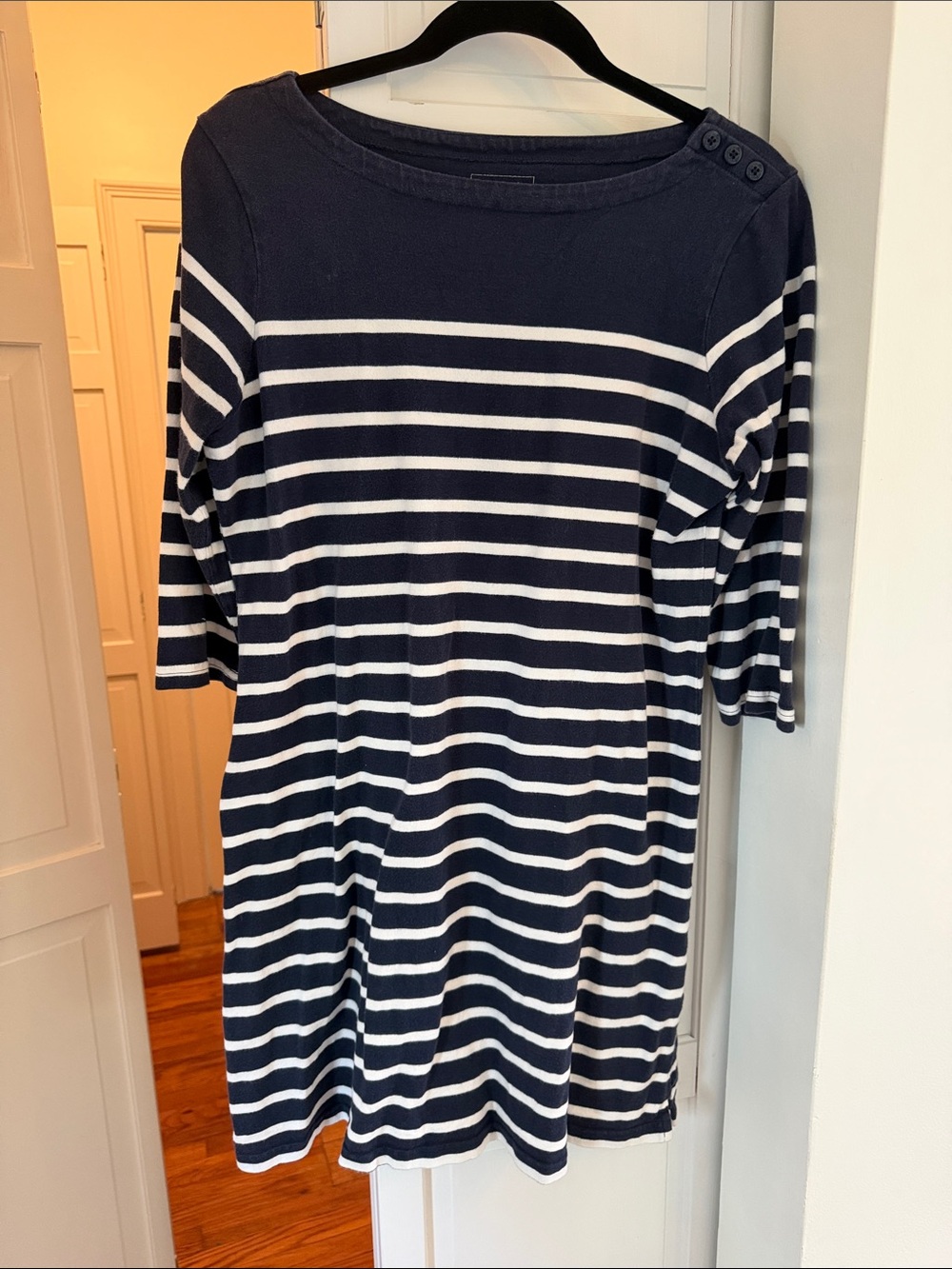 L.L. Bean Navy and White Striped Midi Dress with Shoulder Buttons MP
